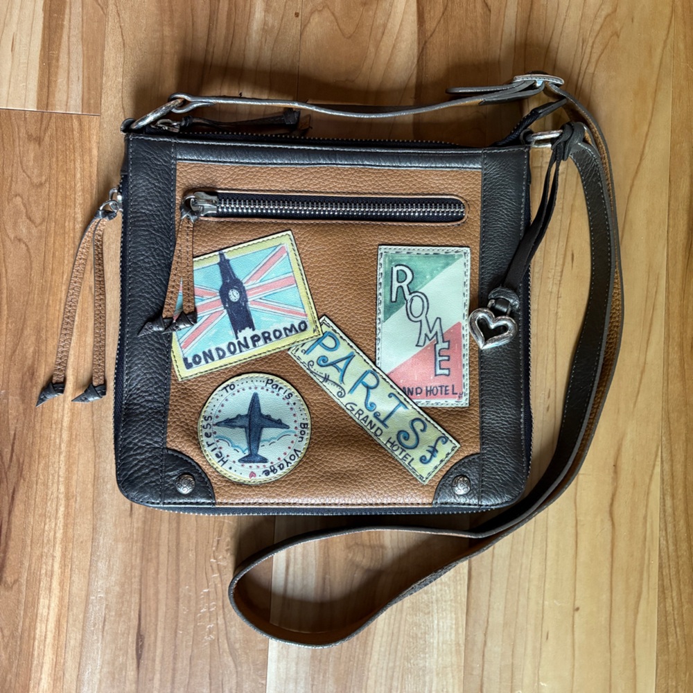 Brighton Expandable Pebbled Leather Crossbody Bag with Leather Travel Patches
